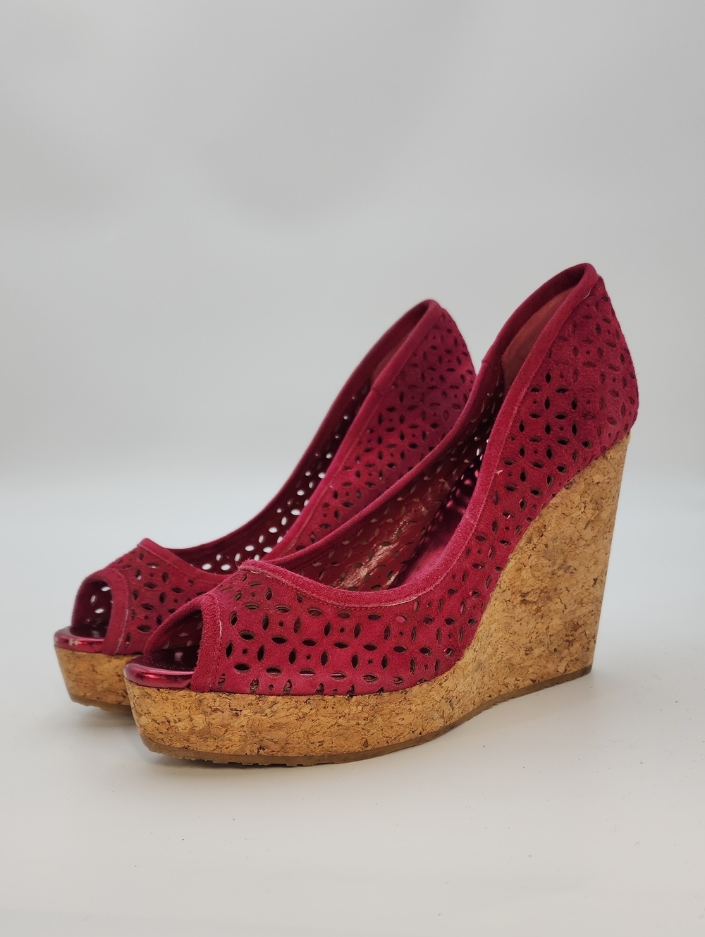 Jimmy Choo Papina Berry Wine Perforated Suede Cork Wedge Sandals Peep Toe Sz 40